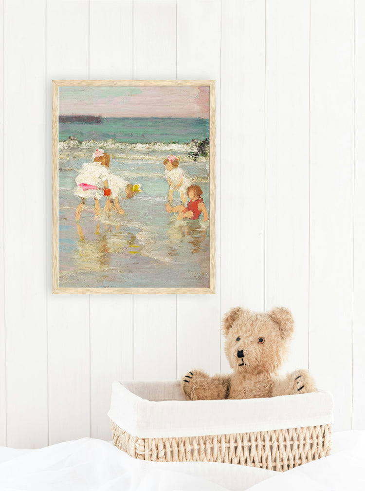 Kids room with vintage beach painting in wooden frame above bed in kids room.