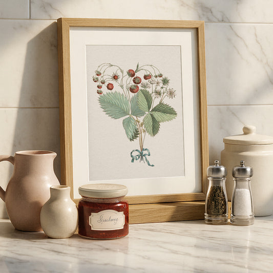 Framed vintage botanical strawberry print on a marble countertop in a kitchen.