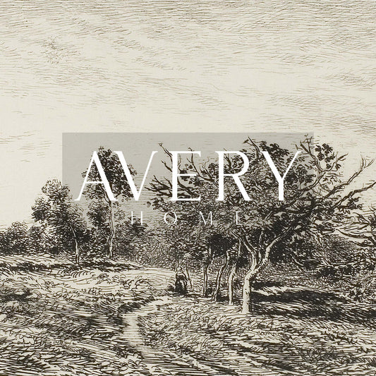 Vintage black-and-white countryside engraving depicting a cluster of trees and open fields in intricate linework.