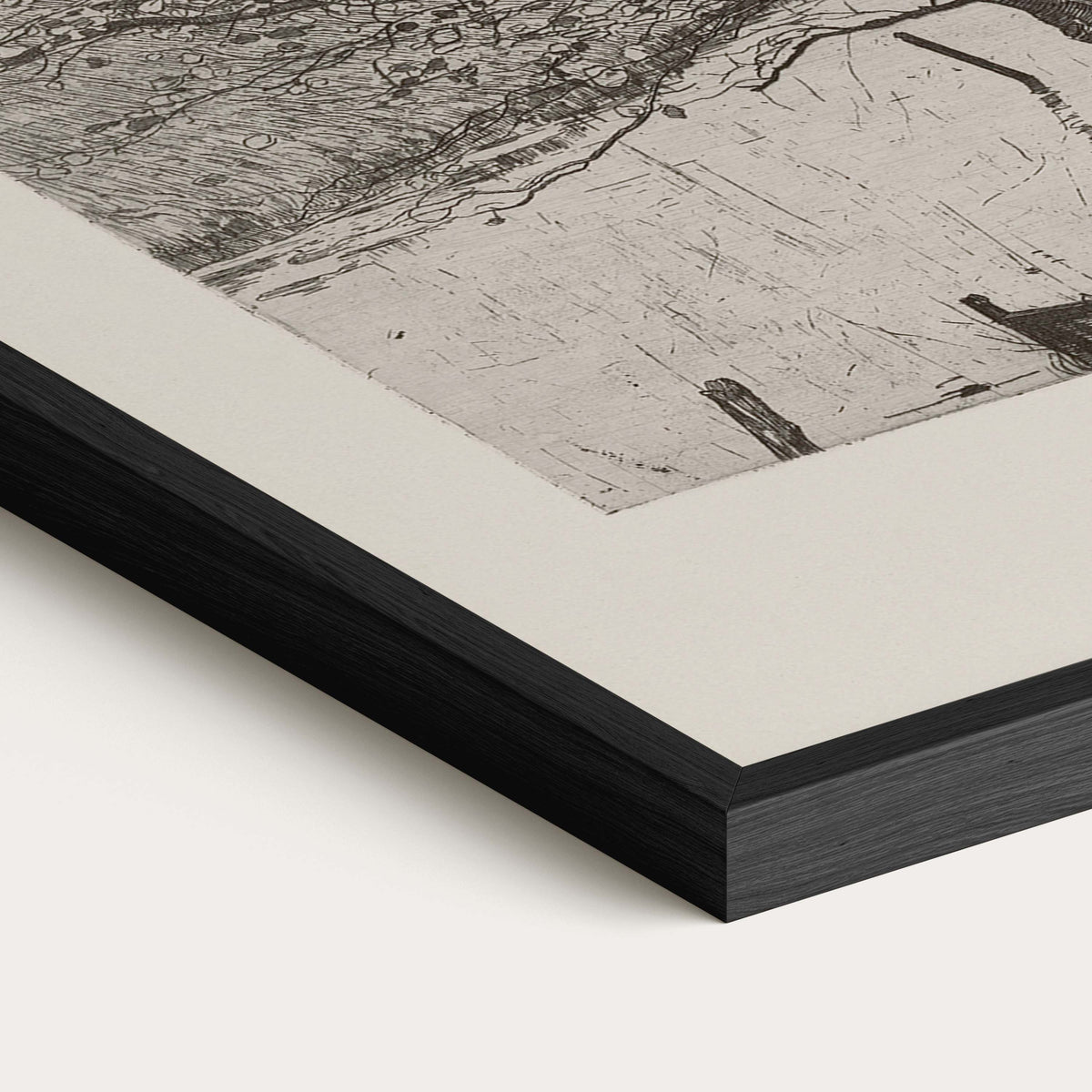 Close-up of black solid oak frame and archival matte print showing fine details of a vintage botanical tree etching.