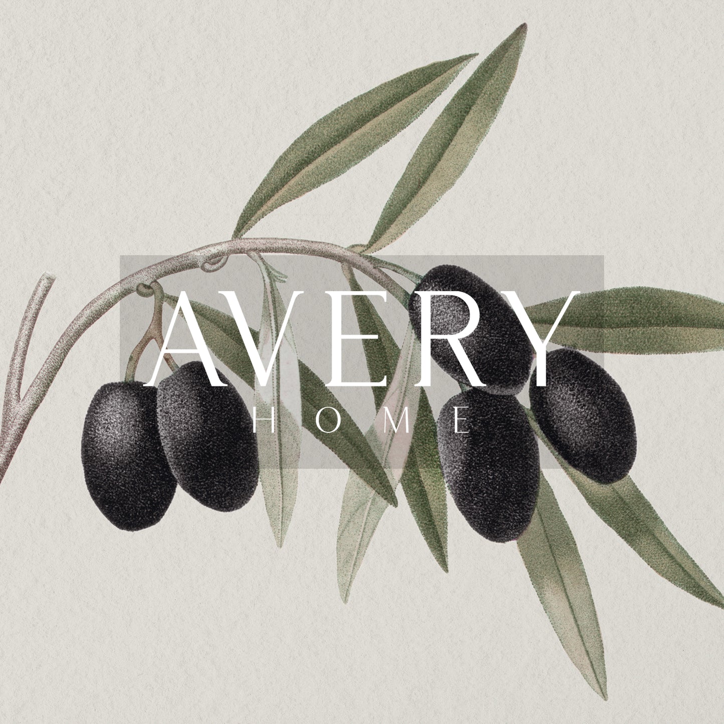 Zoomed in olive branch drawing detail and 'Avery Home' logo