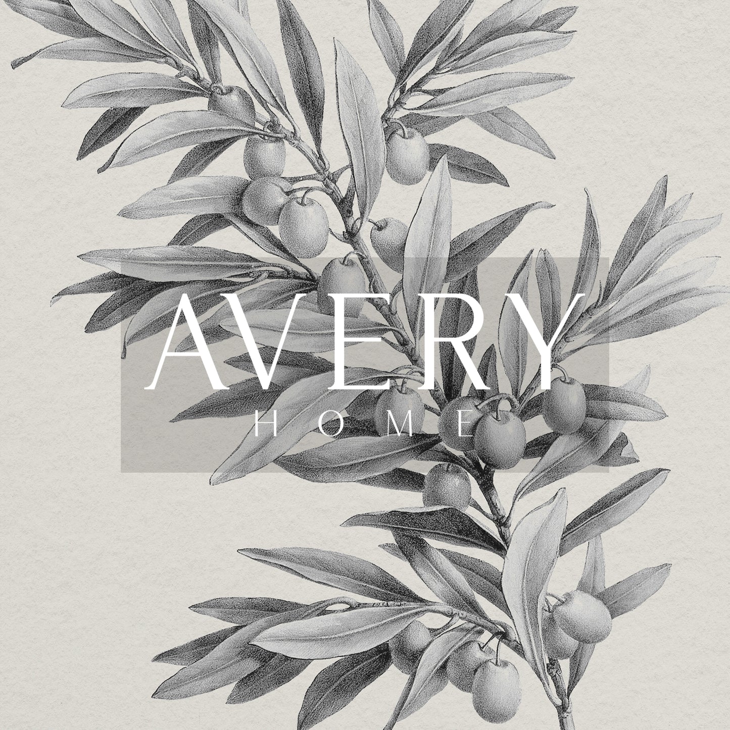 Zoomed in olive branch drawing detail and 'Avery Home' logo