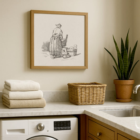 Framed vintage laundry room sketch art print featuring a woman washing clothes, styled above a washing machine with folded towels and a wicker basket.