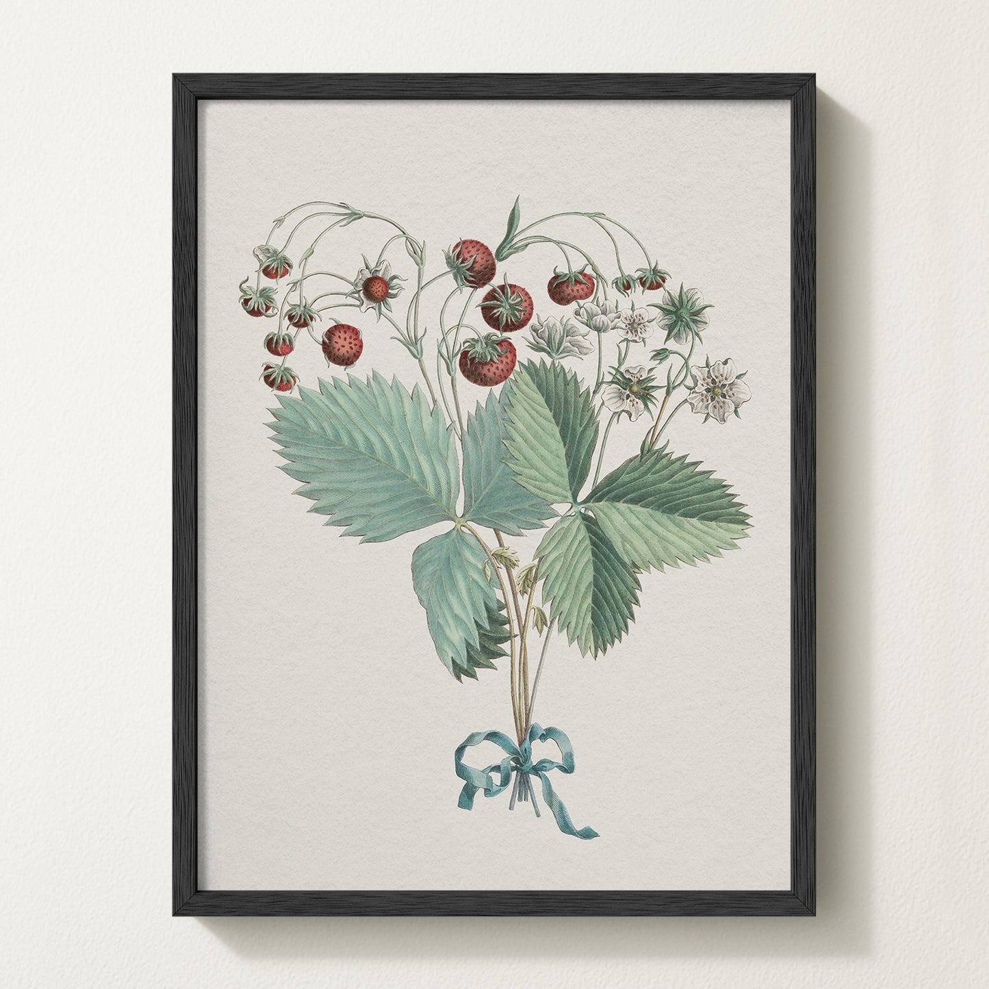 Framed vintage strawberry botanical art print featuring ripe red berries, green leaves, and delicate white blossoms tied with a teal ribbon.