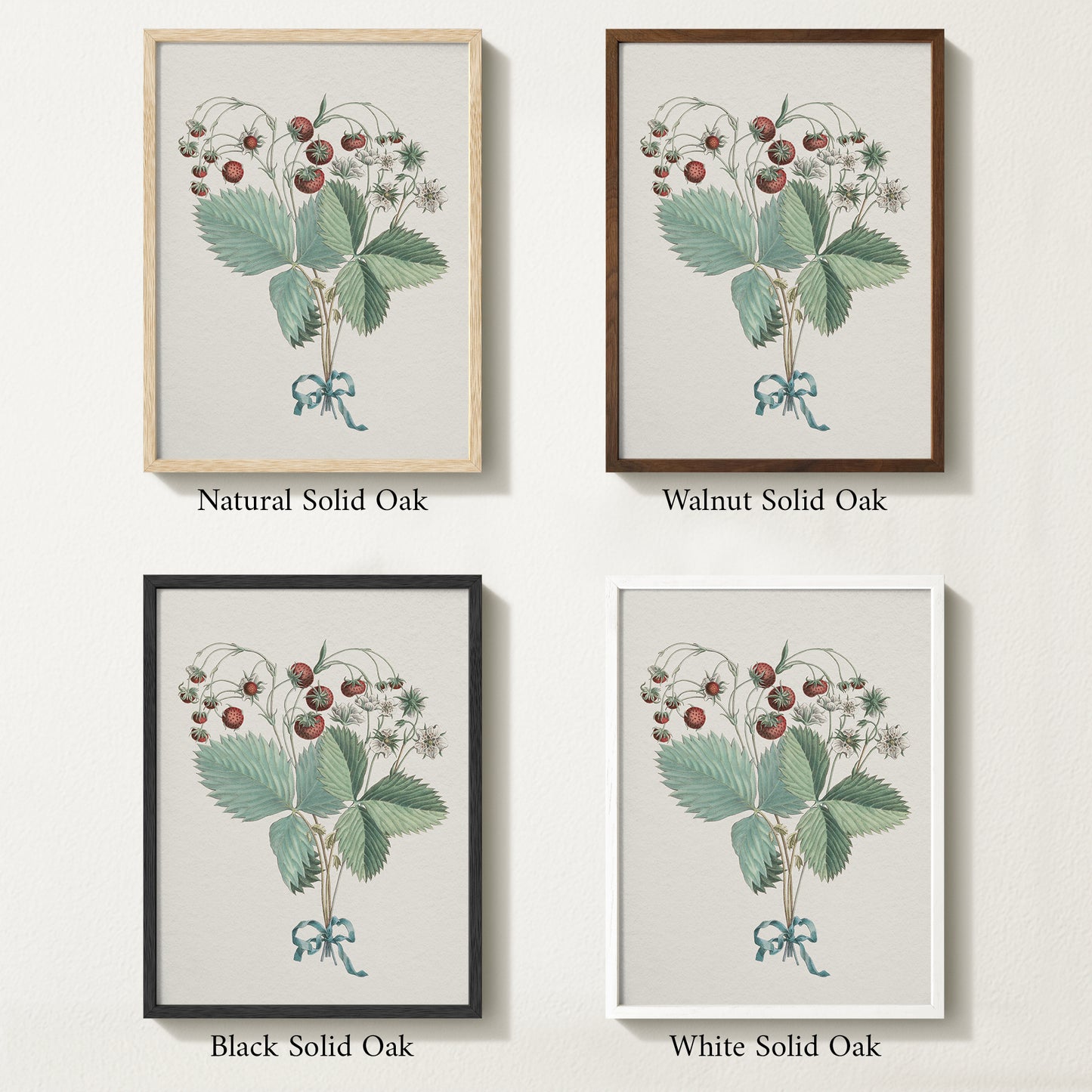 Framed vintage strawberry botanical art print featuring ripe red berries, green leaves, and delicate white blossoms tied with a teal ribbon.