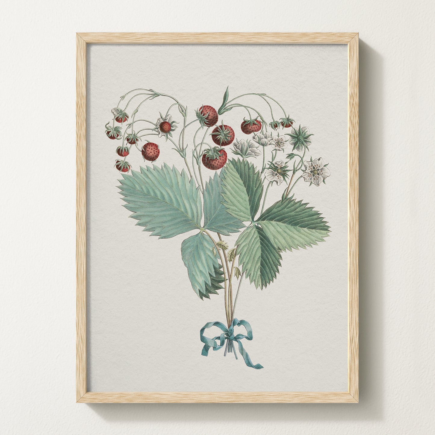 Framed vintage strawberry botanical art print featuring ripe red berries, green leaves, and delicate white blossoms tied with a teal ribbon.