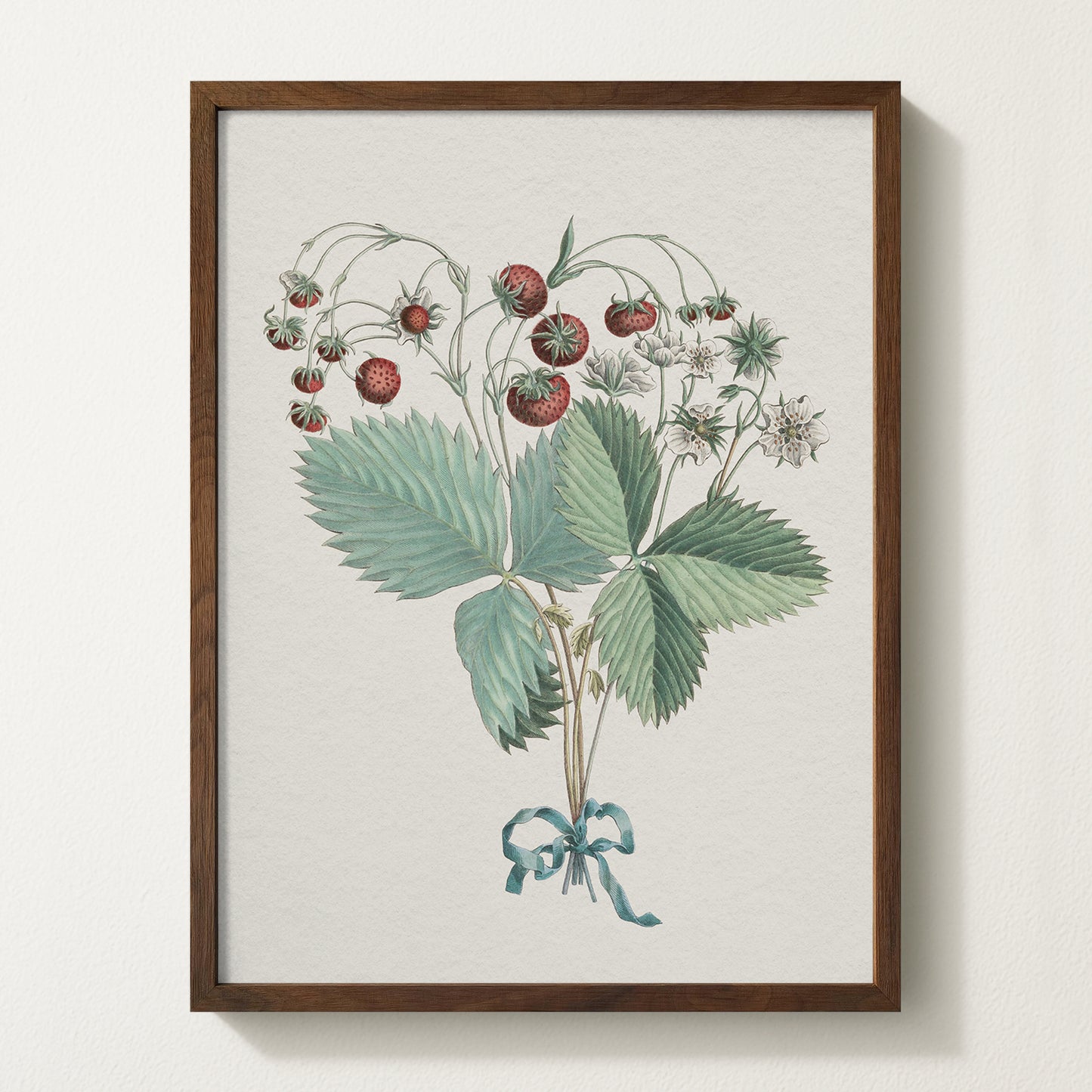 Framed vintage strawberry botanical art print featuring ripe red berries, green leaves, and delicate white blossoms tied with a teal ribbon.