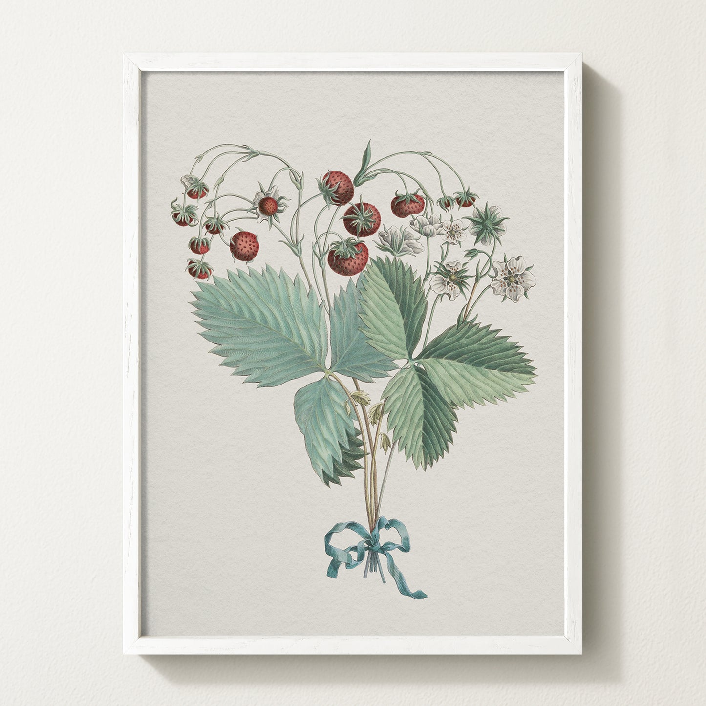 Framed vintage strawberry botanical art print featuring ripe red berries, green leaves, and delicate white blossoms tied with a teal ribbon.