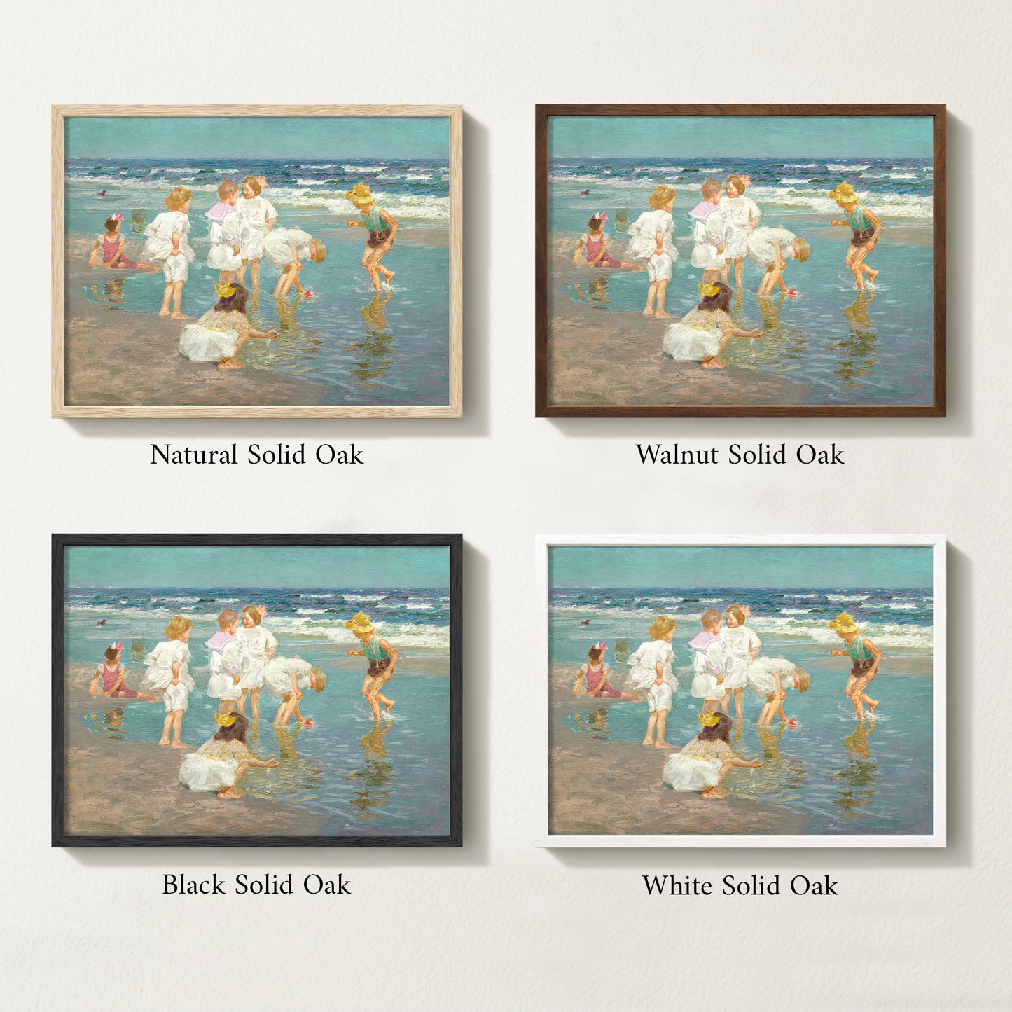 Framed vintage kids beach scene art print featuring children in white clothing playing by the shore with waves in the background.