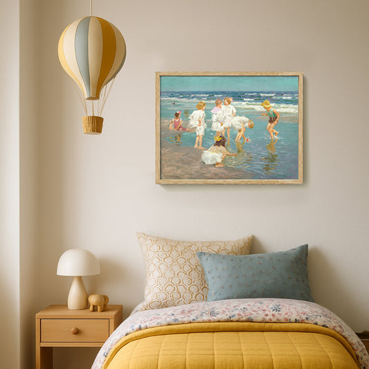 Kids room with vintage beach painting in wooden frame above bed in kids room.