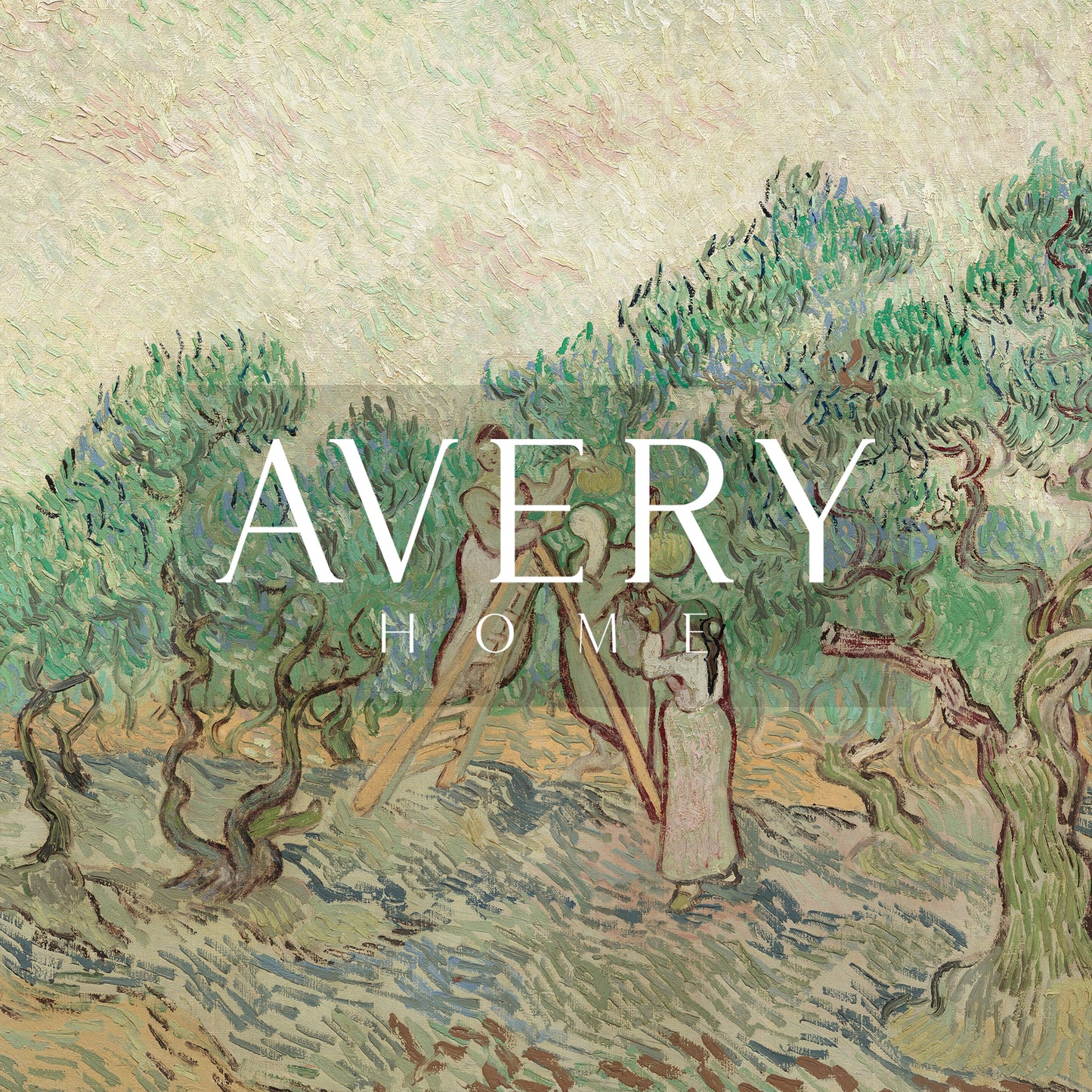 Zoomed in olive branch drawing detail and 'Avery Home' logo