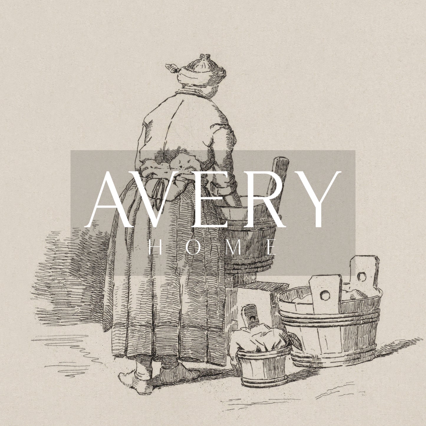 Framed vintage laundry sketch art print depicting a woman standing at wooden wash tubs in traditional attire.