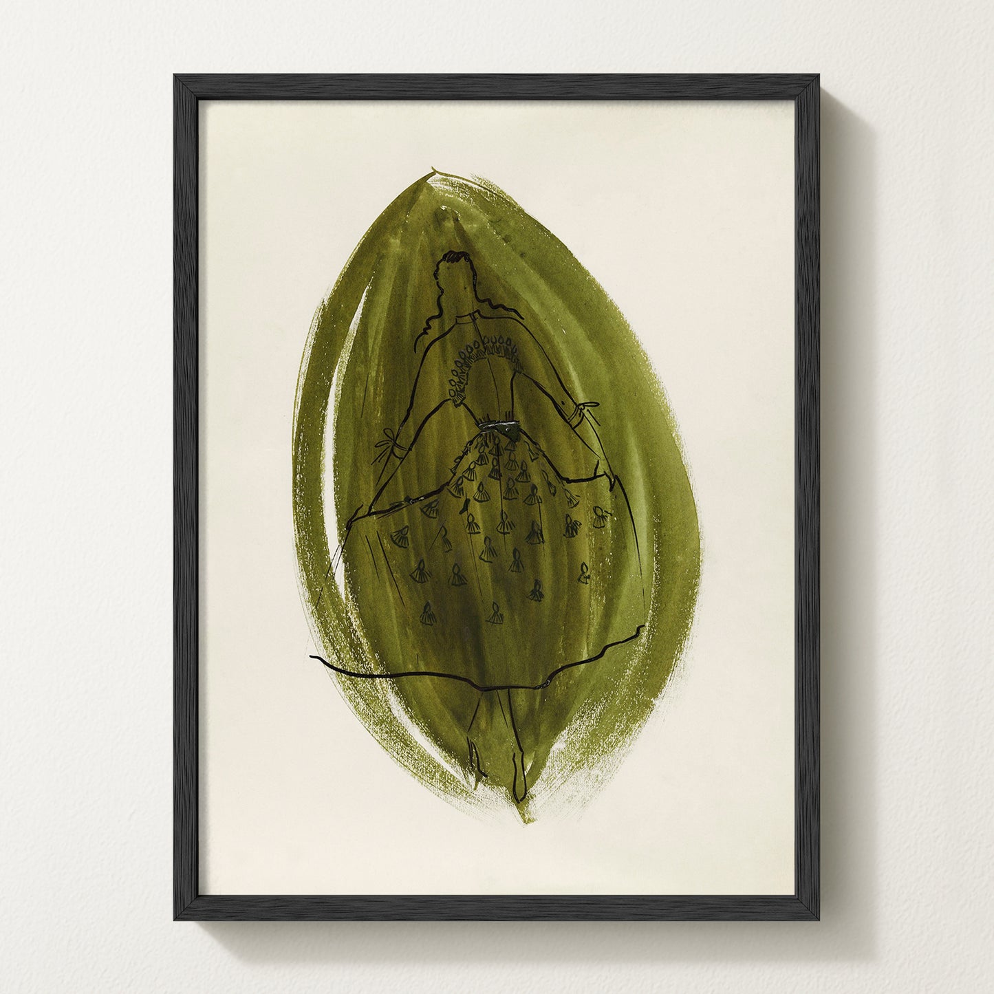 1949 olive green fashion sketch art print — vintage couture illustration for elegant wall art and refined home interiors