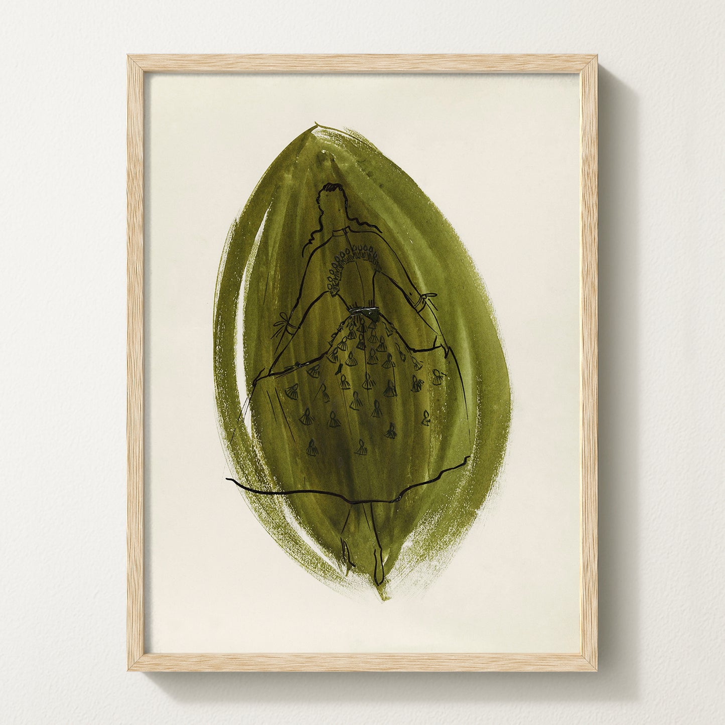 1949 olive green fashion sketch art print — vintage couture illustration for elegant wall art and refined home interiors