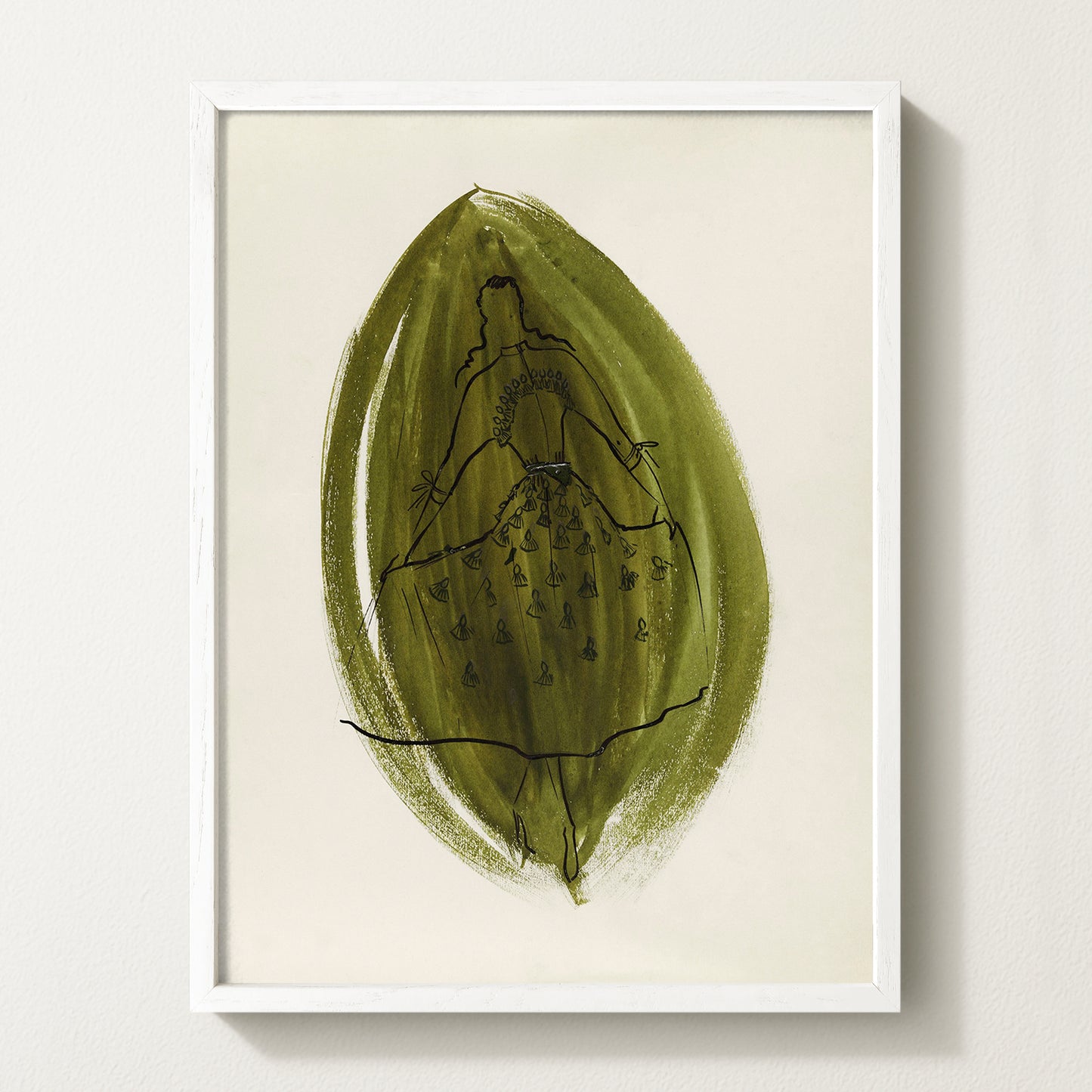 1949 olive green fashion sketch art print — vintage couture illustration for elegant wall art and refined home interiors