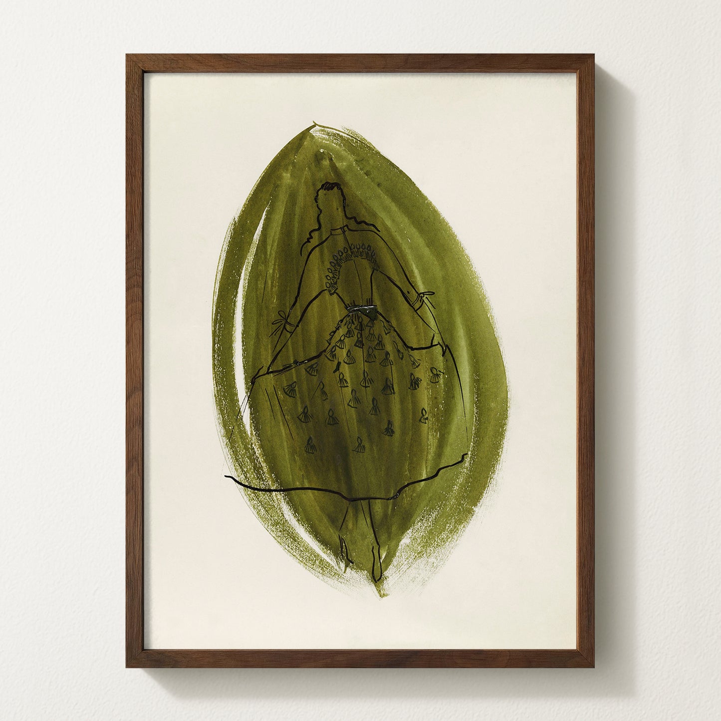 1949 olive green fashion sketch art print — vintage couture illustration for elegant wall art and refined home interiors
