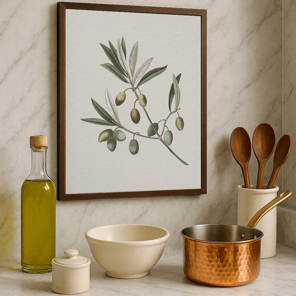 Vintage botanical artwork of an olive branch with black olives on a white background, in solid oak frame