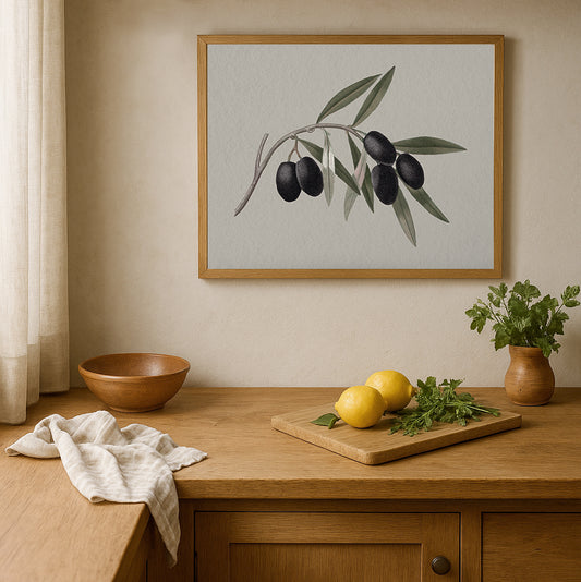 Kitchen setting with a vintage botanical olive print in walnut solid oak frame.