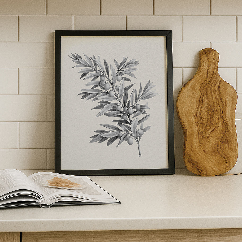 Kitchen setting with a vintage botanical olive print in black solid oak frame.