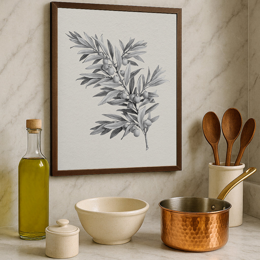 Kitchen setting with a vintage botanical olive print in black solid oak frame.