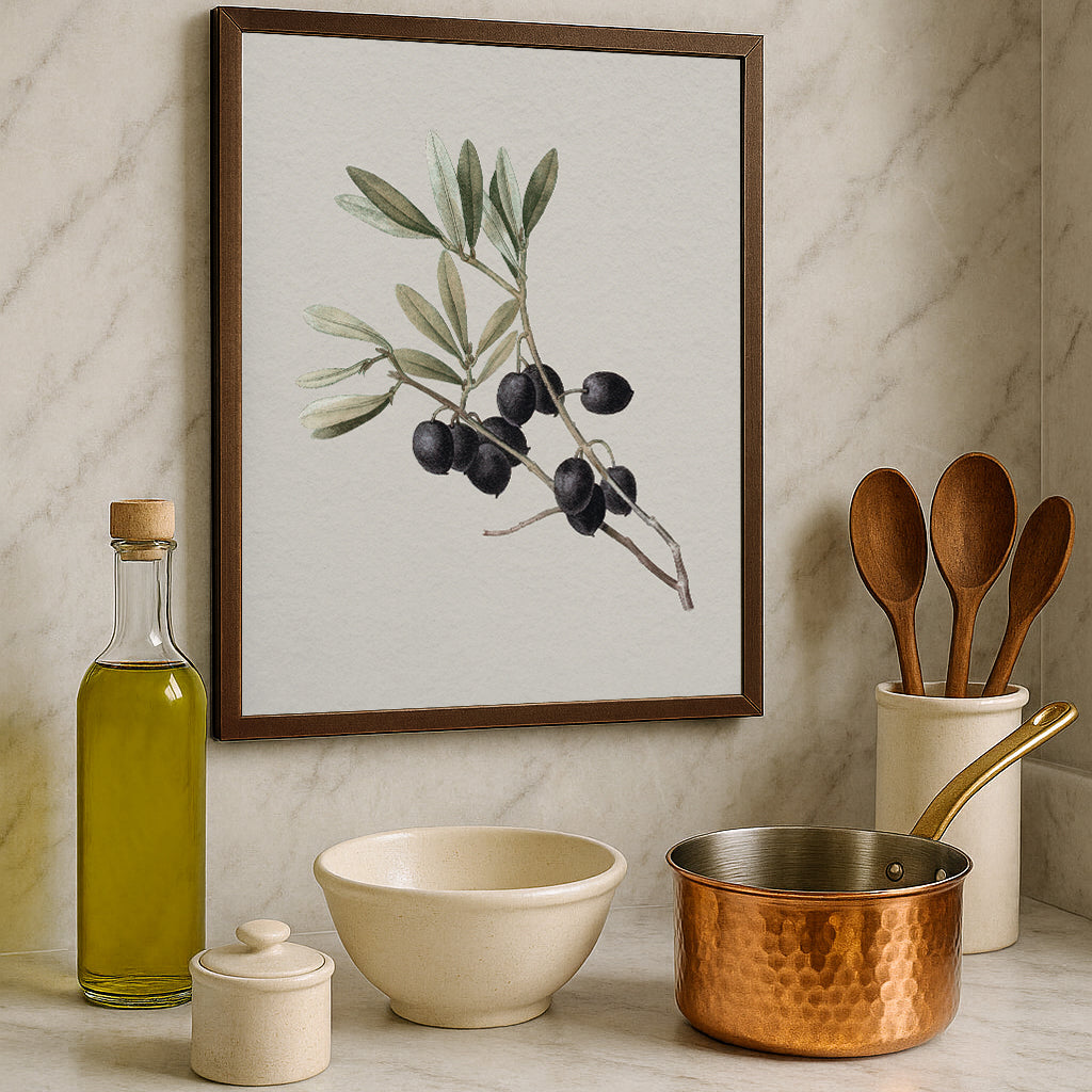 Kitchen setting with a vintage botanical olive print in walnut solid oak frame.