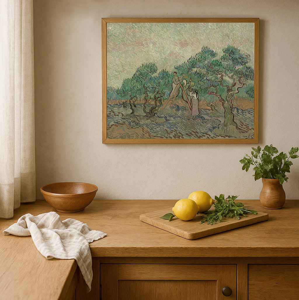 Kitchen setting with a vintage botanical olive print in walnut solid oak frame.