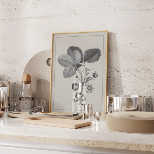 Framed vintage botanical strawberry print on a marble countertop in a kitchen.