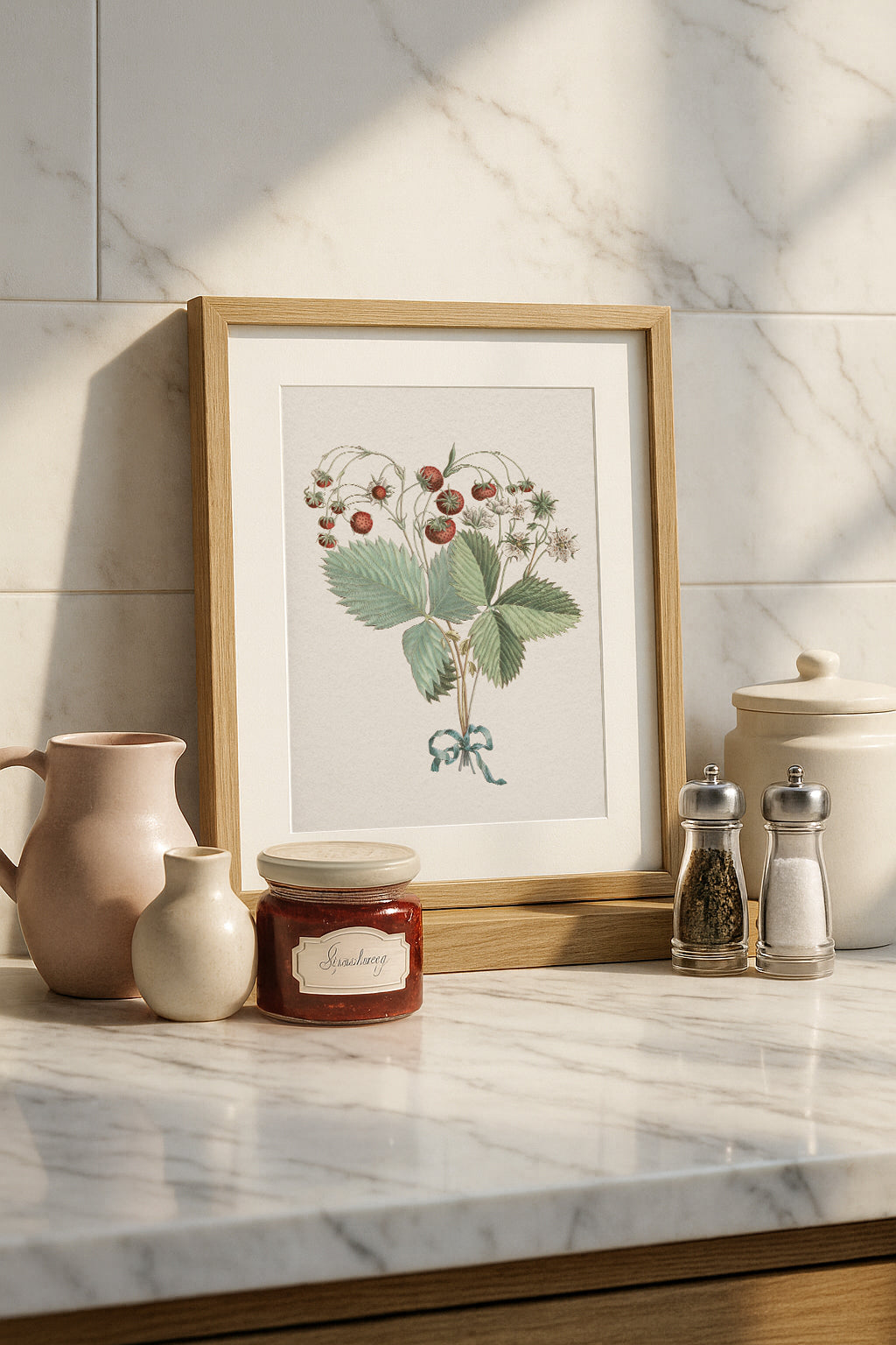 Framed vintage botanical strawberry print on a marble countertop in a kitchen.