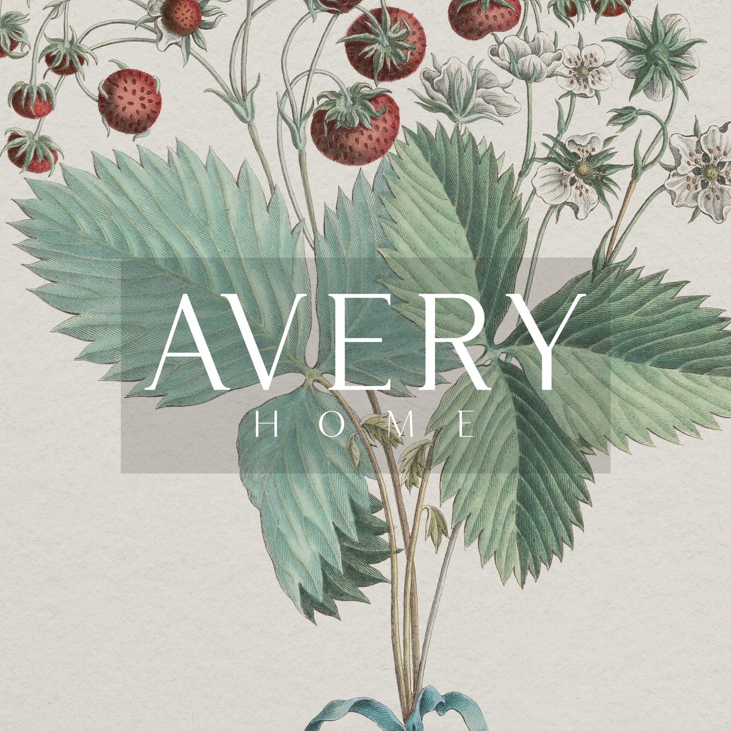 Vintage strawberry botanical art print featuring ripe red berries, green leaves, and delicate white blossoms tied with a teal ribbon.