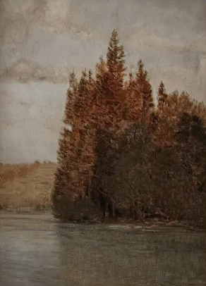 Vintage fall landscape art print featuring autumn-colored trees along a river under a cloudy sky.