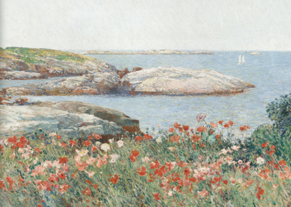 Vintage coastal landscape art print featuring red wildflowers in the foreground and rocky shoreline with sailboats in the distance.