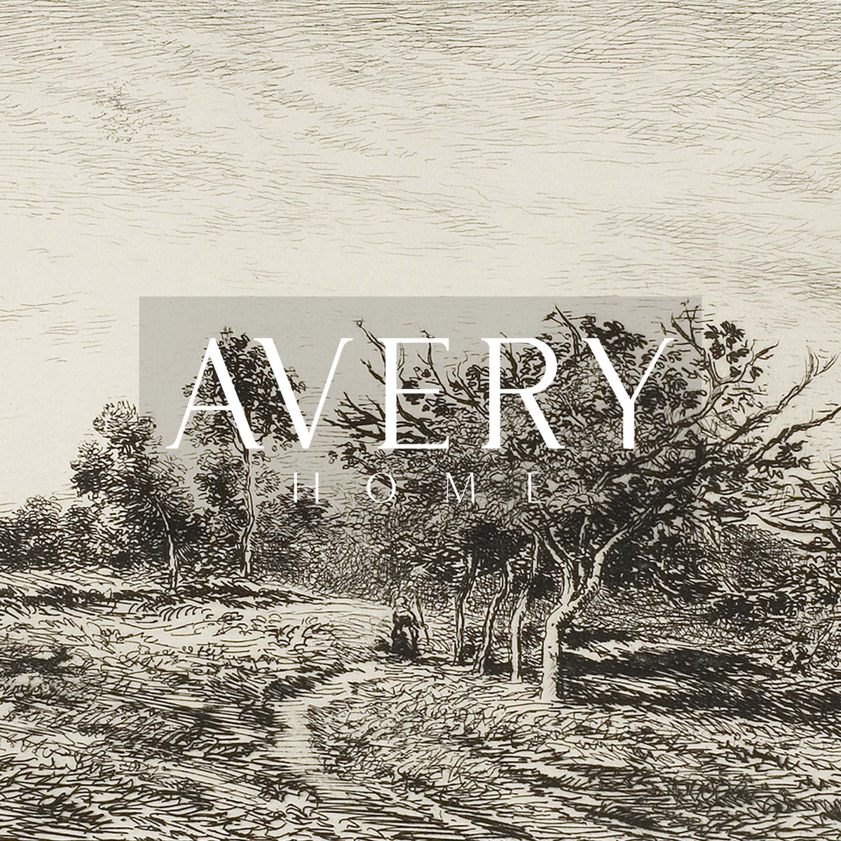 Vintage black-and-white countryside engraving depicting a cluster of trees and open fields in intricate linework.