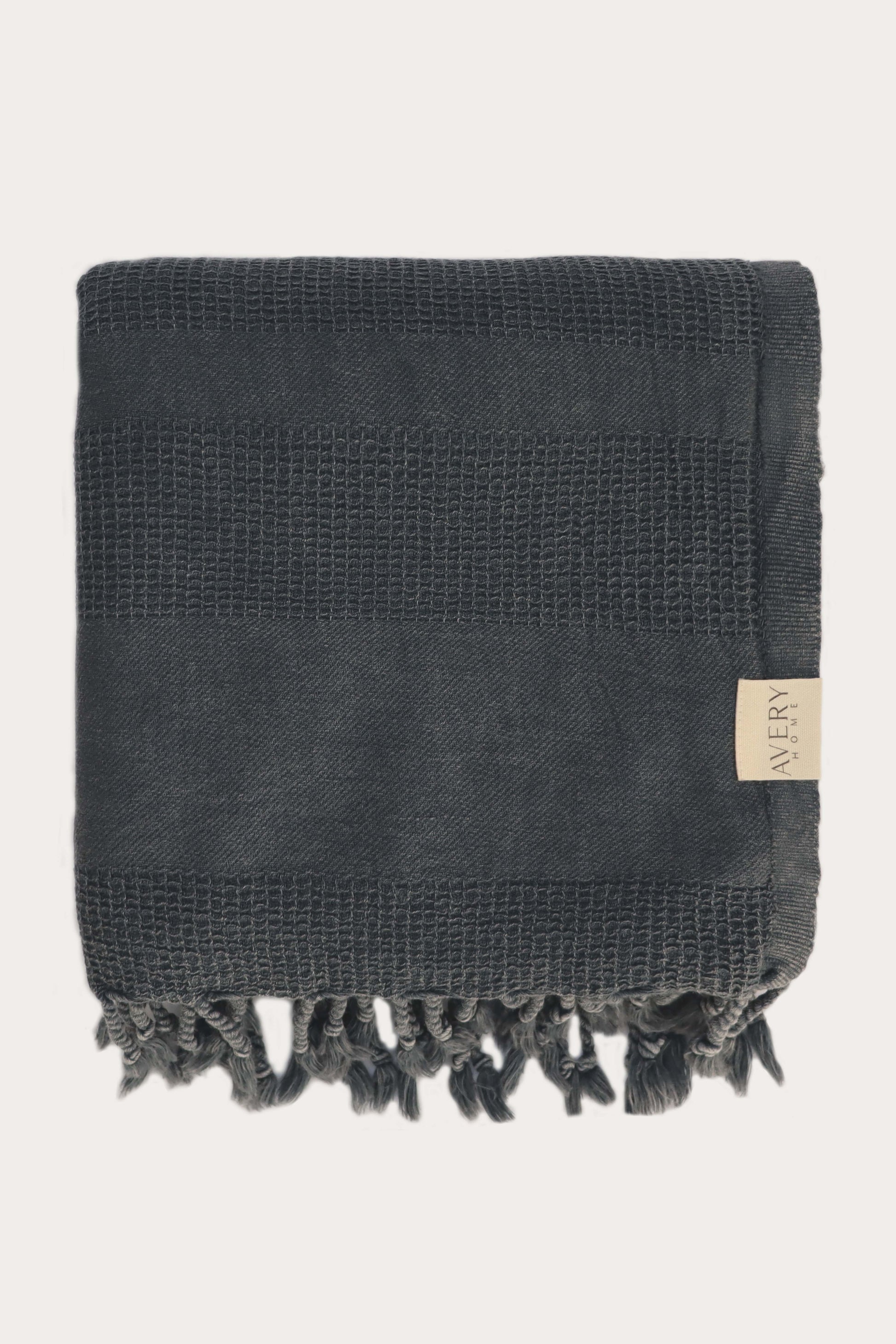 Avery Home dark gray waffle weave peshtemal folded – fast-drying luxury Turkish hammam towel for spa, beach, and bath