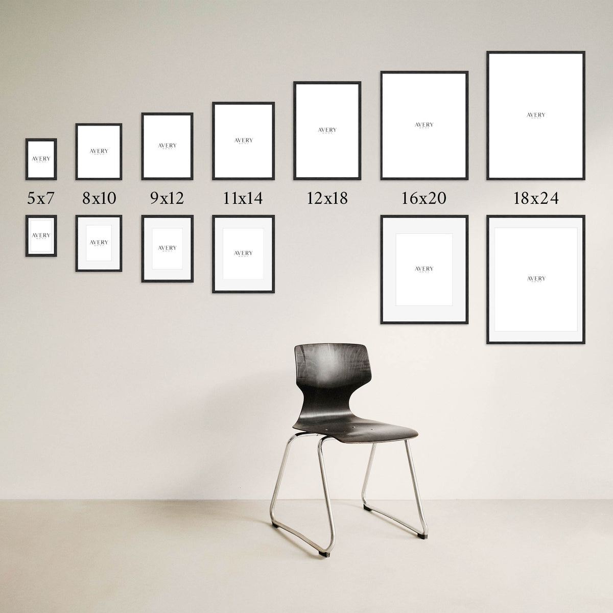 Gallery wall layout guide showing Avery Home picture frame sizes arranged above a black chair