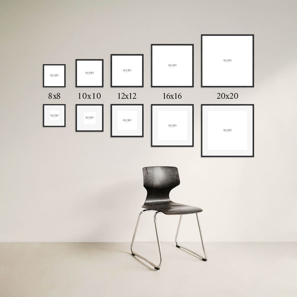 Alternate gallery wall layout guide with Avery Home picture frame sizes above a black chair
