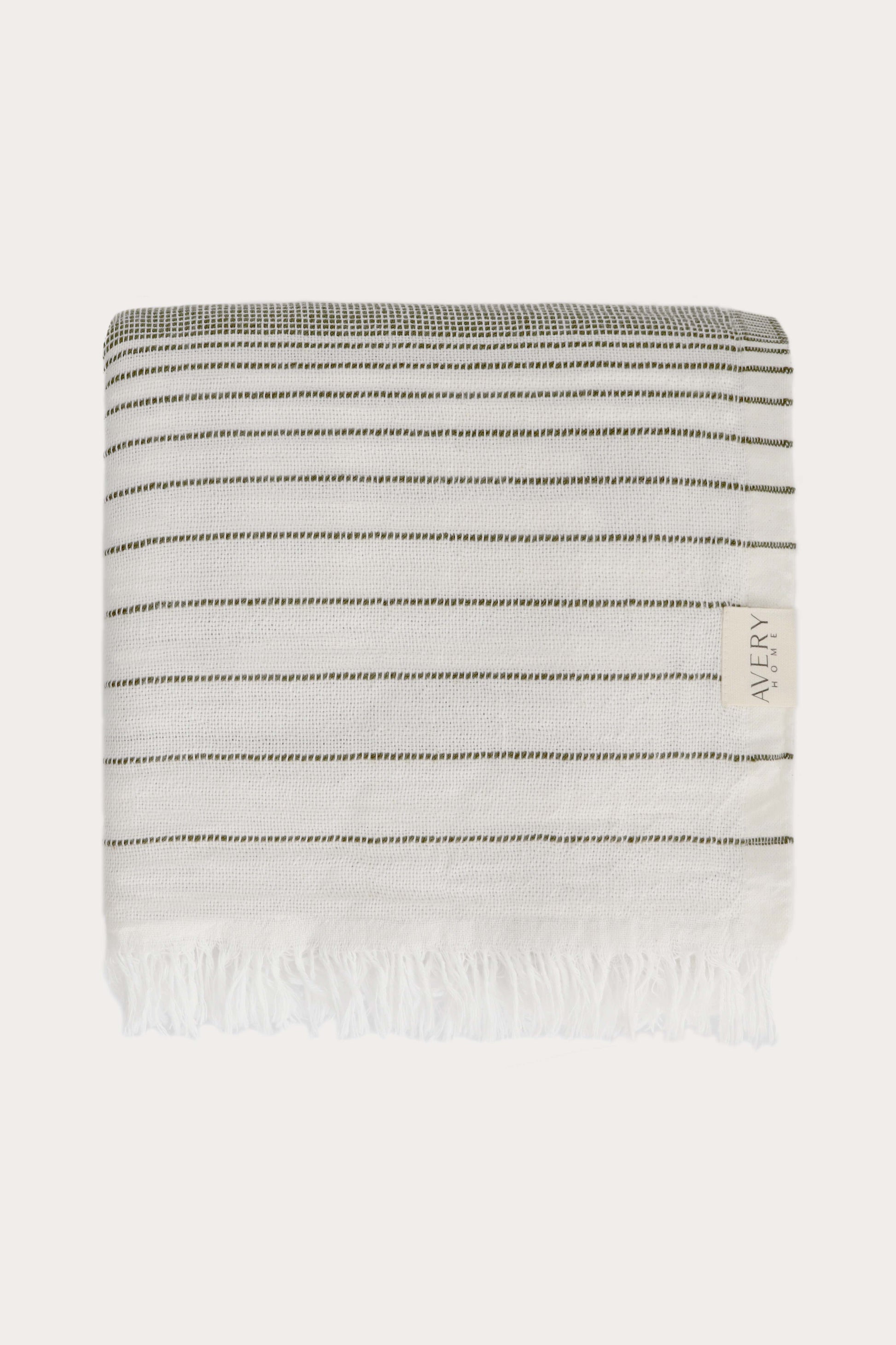 Avery Home green stripe peshtemal folded, sustainable Turkish towel in recycled cotton and recycled polyester blend, lightweight and fast-drying