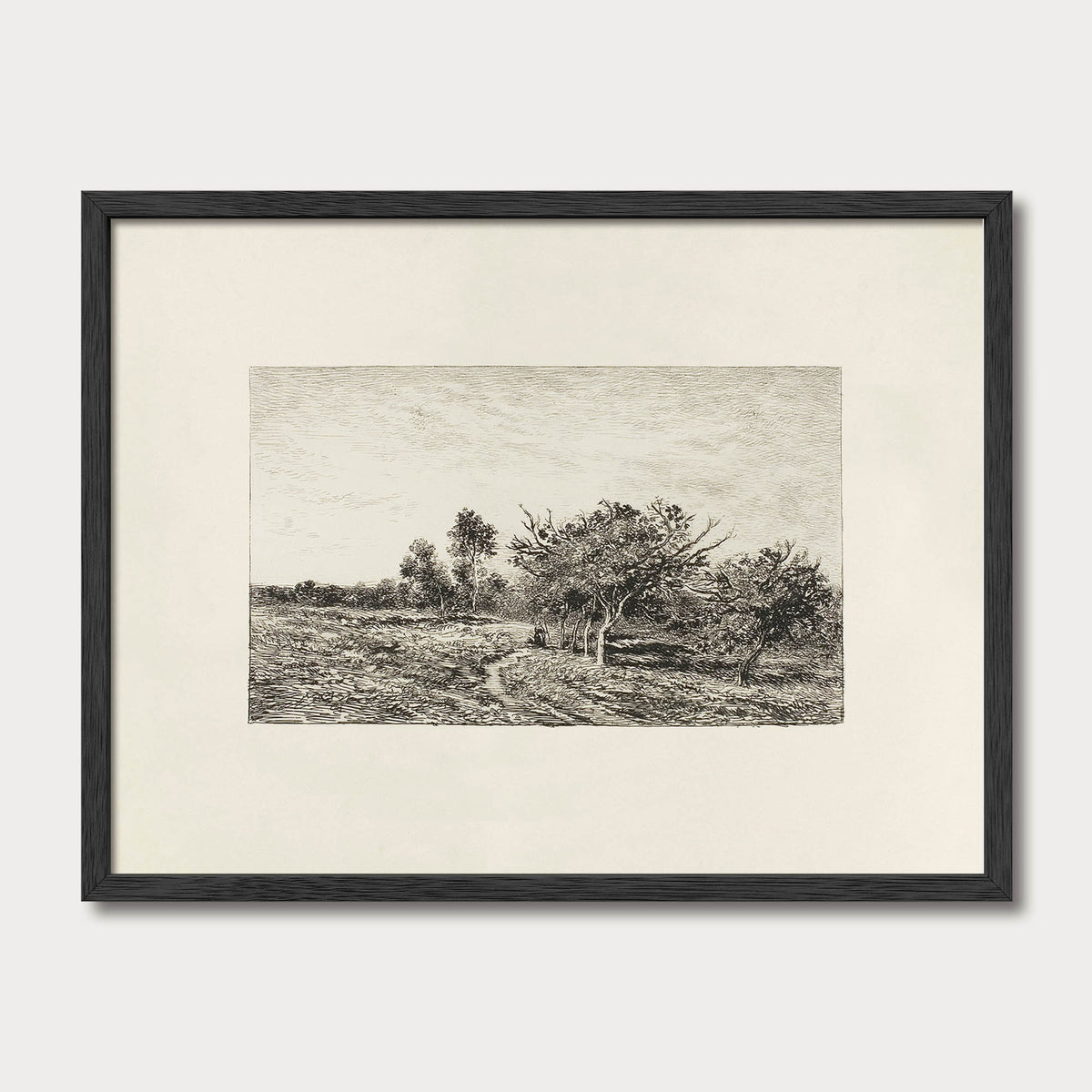Antique-style rural landscape engraving in a black solid oak frame, featuring trees and a quiet countryside scene.