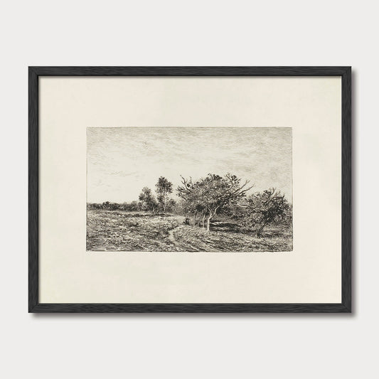 Antique-style rural landscape engraving in a black solid oak frame, featuring trees and a quiet countryside scene.