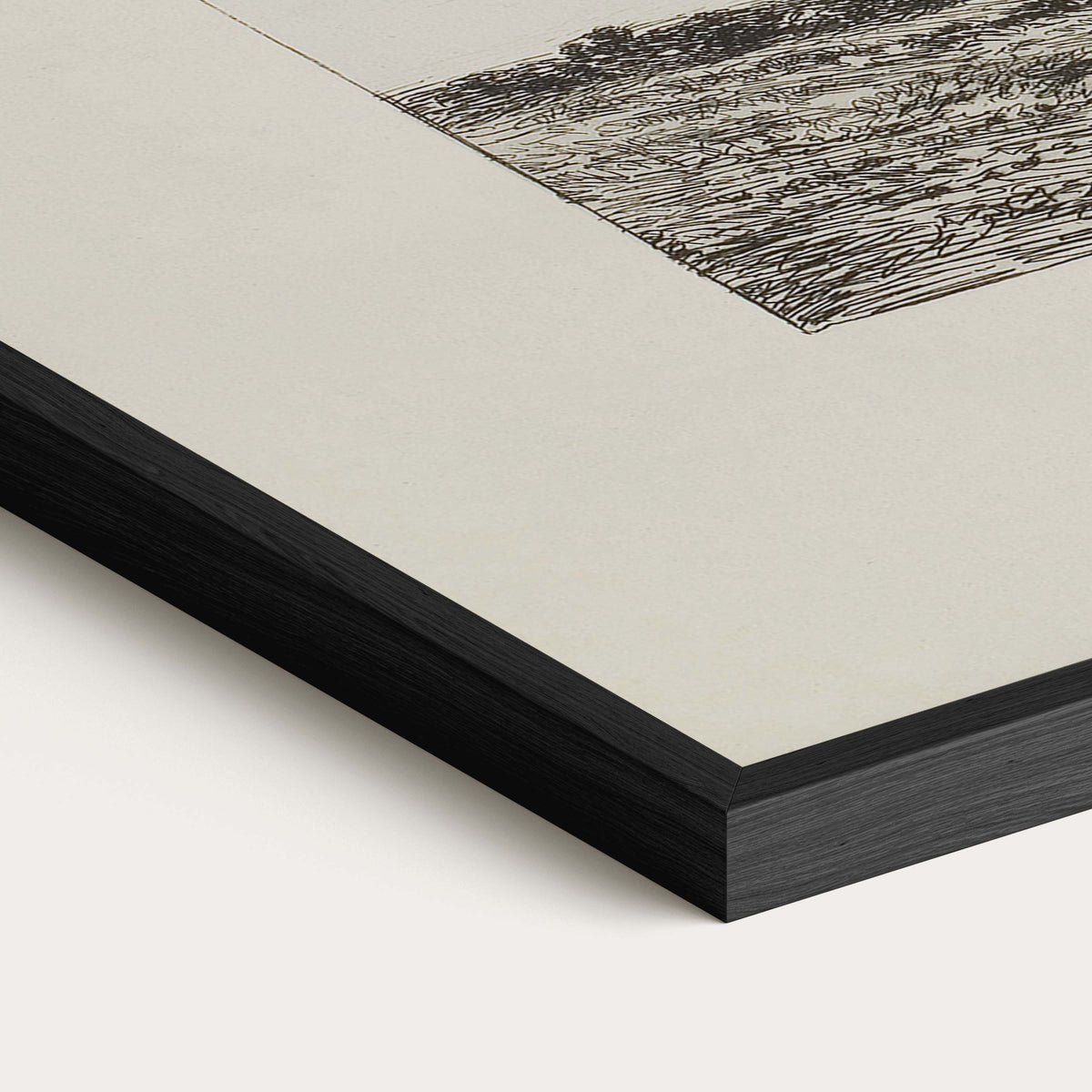 Close-up of black solid oak frame with detailed vintage landscape etching and archival matte paper.