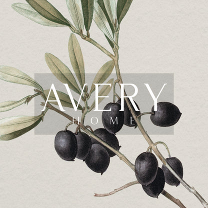 Zoomed in olive branch drawing detail and 'Avery Home' logo