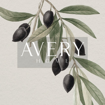 Zoomed in olive branch drawing detail and 'Avery Home' logo