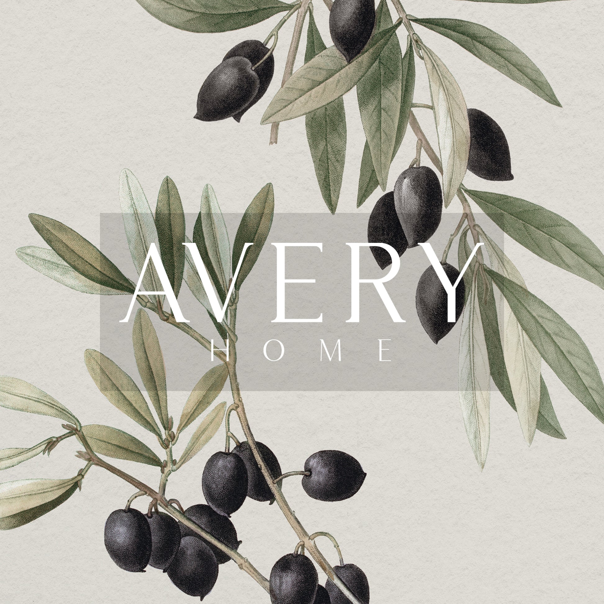 Zoomed in olive branch drawing detail and 'Avery Home' logo