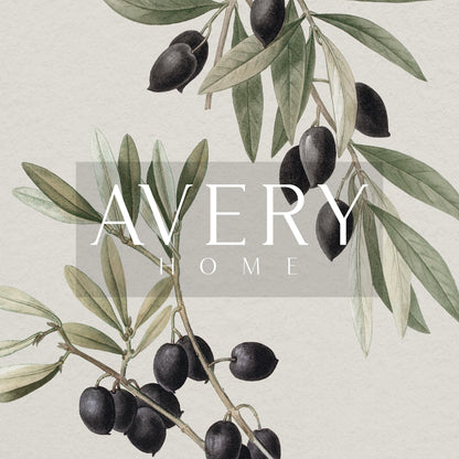Zoomed in olive branch drawing detail and 'Avery Home' logo