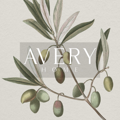 Zoomed in olive branch drawing detail and 'Avery Home' logo