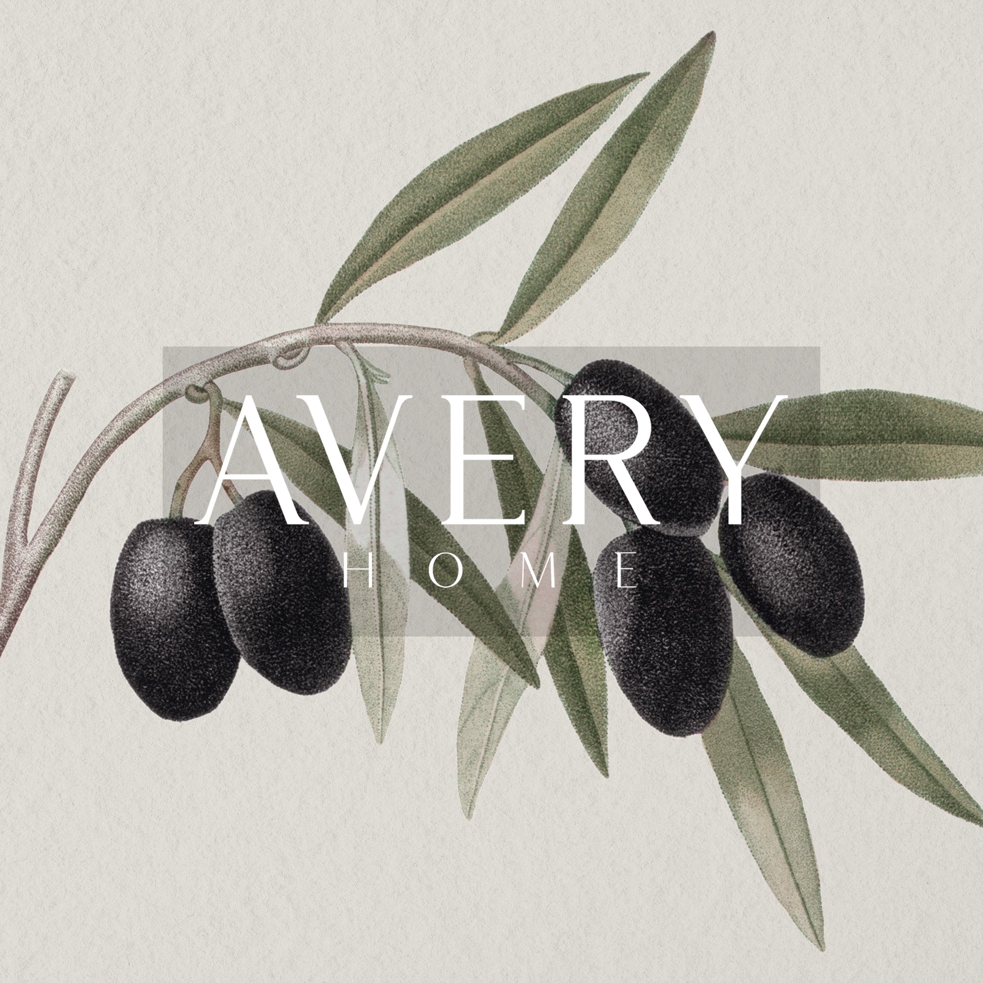 Zoomed in olive branch drawing detail and 'Avery Home' logo