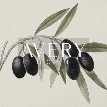 Zoomed in olive branch drawing detail and 'Avery Home' logo
