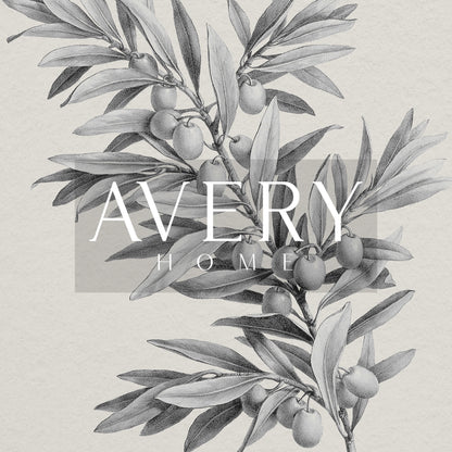 Zoomed in olive branch drawing detail and 'Avery Home' logo