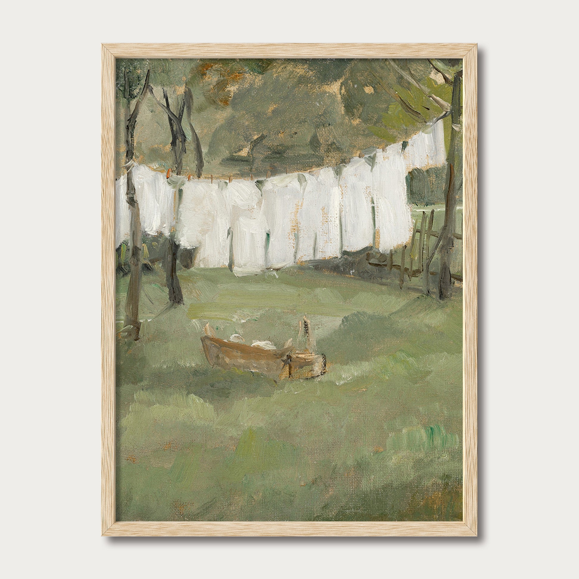 Vintage laundry line landscape wall art in a natural oak frame featuring white sheets drying in a peaceful countryside setting, ideal for cottage, farmhouse, and English country homes.