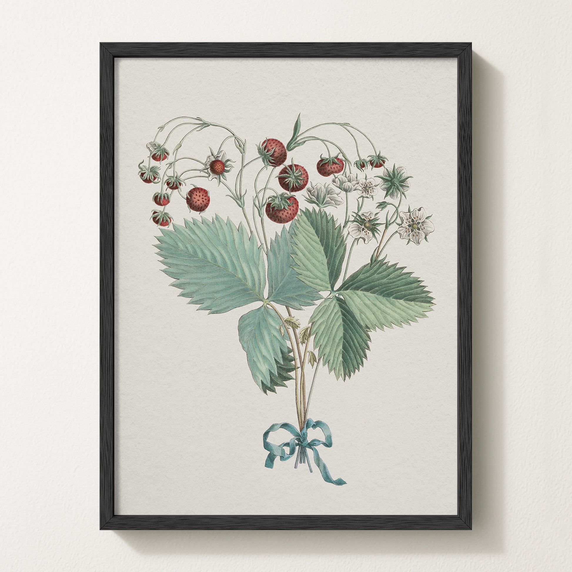 Framed vintage strawberry botanical art print featuring ripe red berries, green leaves, and delicate white blossoms tied with a teal ribbon.