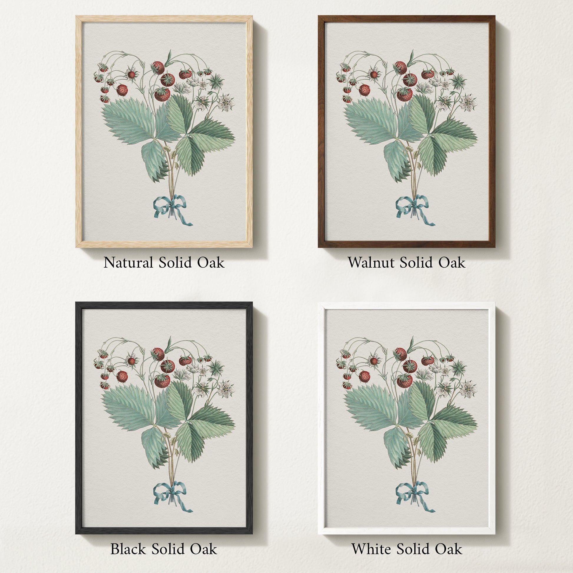 Framed vintage strawberry botanical art print featuring ripe red berries, green leaves, and delicate white blossoms tied with a teal ribbon.